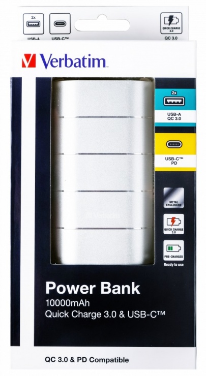 Imagine Power bank 10000mAh, 2 x USB Quick Charge 3.0 & 1 x USB-C Power Delivery, Verbatim 49573